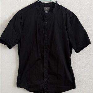 H&M Black Short-Sleeve Band-Collar Button-Up Shirt Muscle Fit